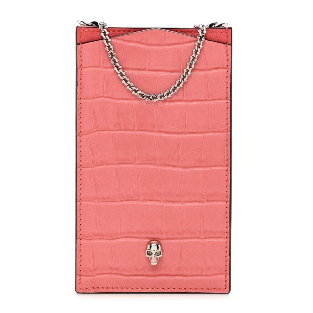 ALEXANDER MCQUEEN Calfskin Crocodile Embossed Chain Phone Case Neon Pink